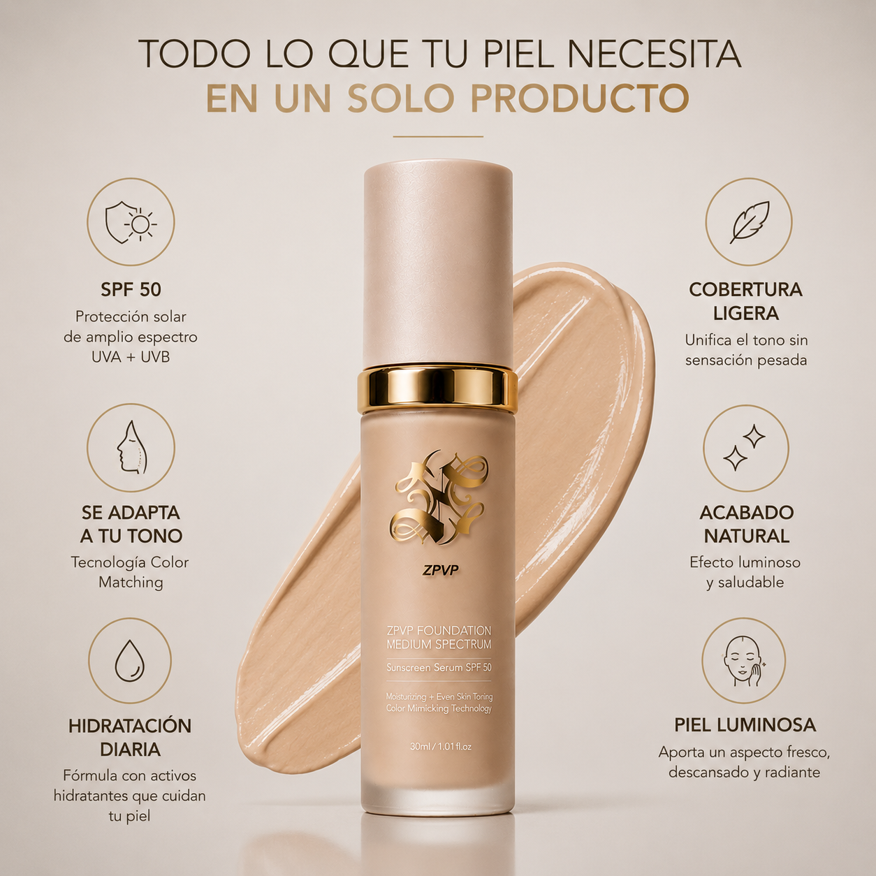 Base de Maquillaje AntiEdad con SPF 50 - Se Adapta a tu Tono de Piel