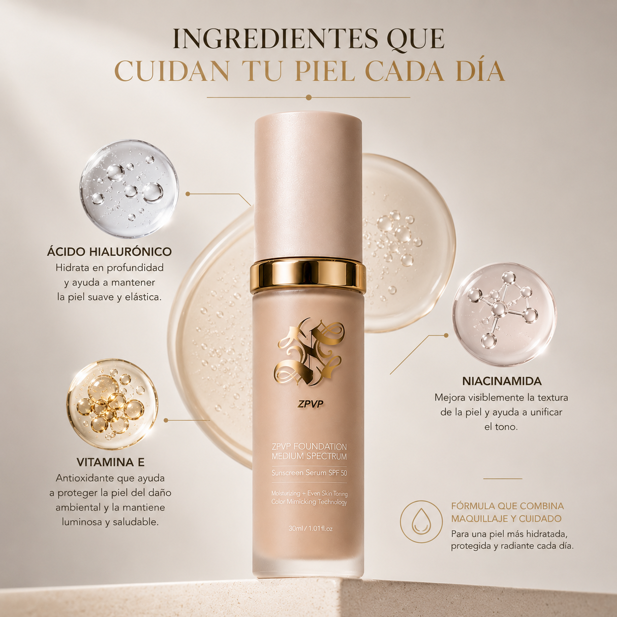 Base de Maquillaje AntiEdad con SPF 50 - Se Adapta a tu Tono de Piel